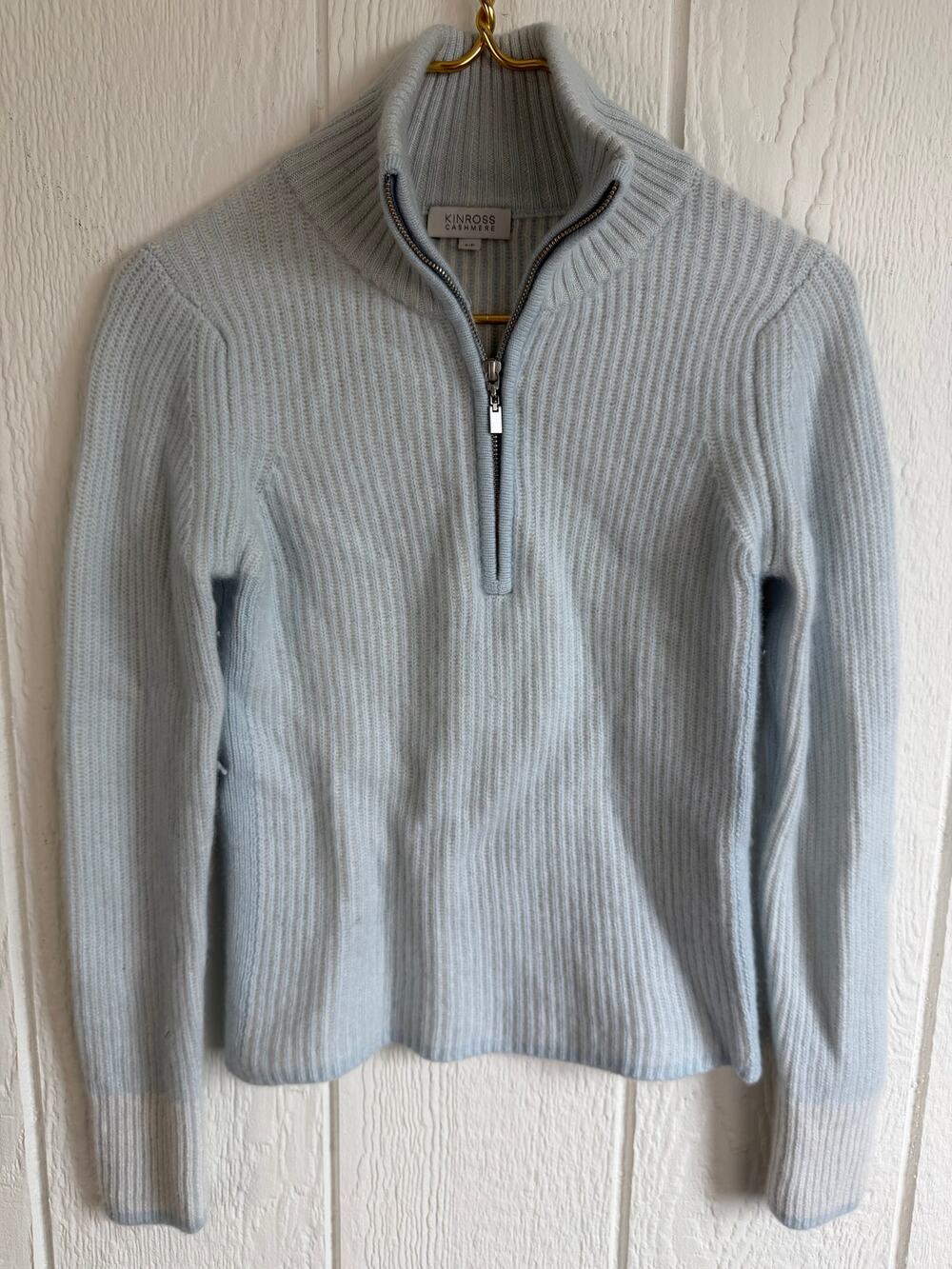 Kinross Cashmere 100% Cashmere Knit 1/4 Zip Sweater, Baby Blue Small